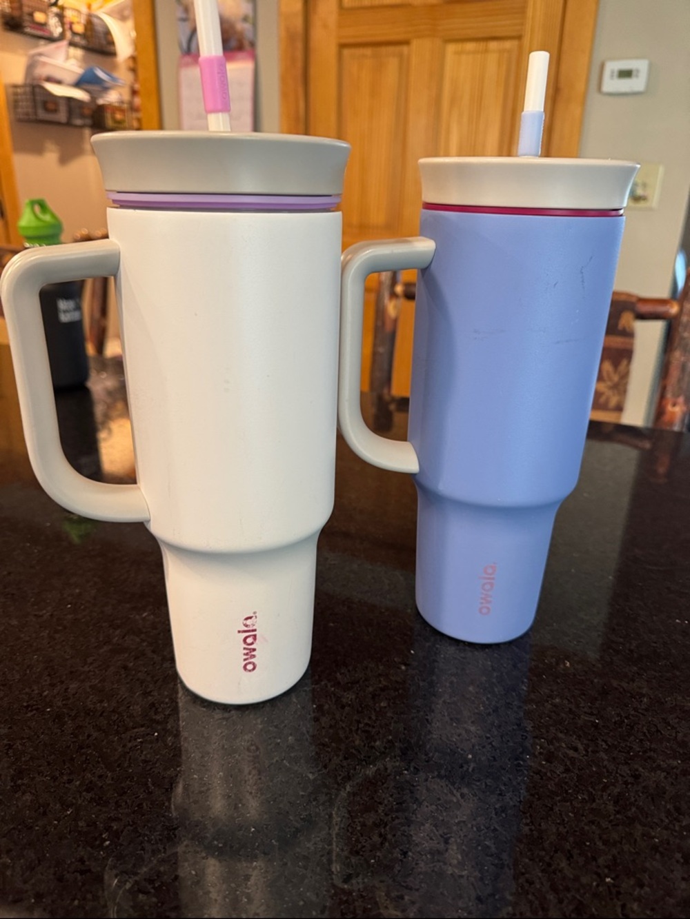 Two Owala Insulated Travel Cups with Handle and Straw — White and Lavender 40 oz